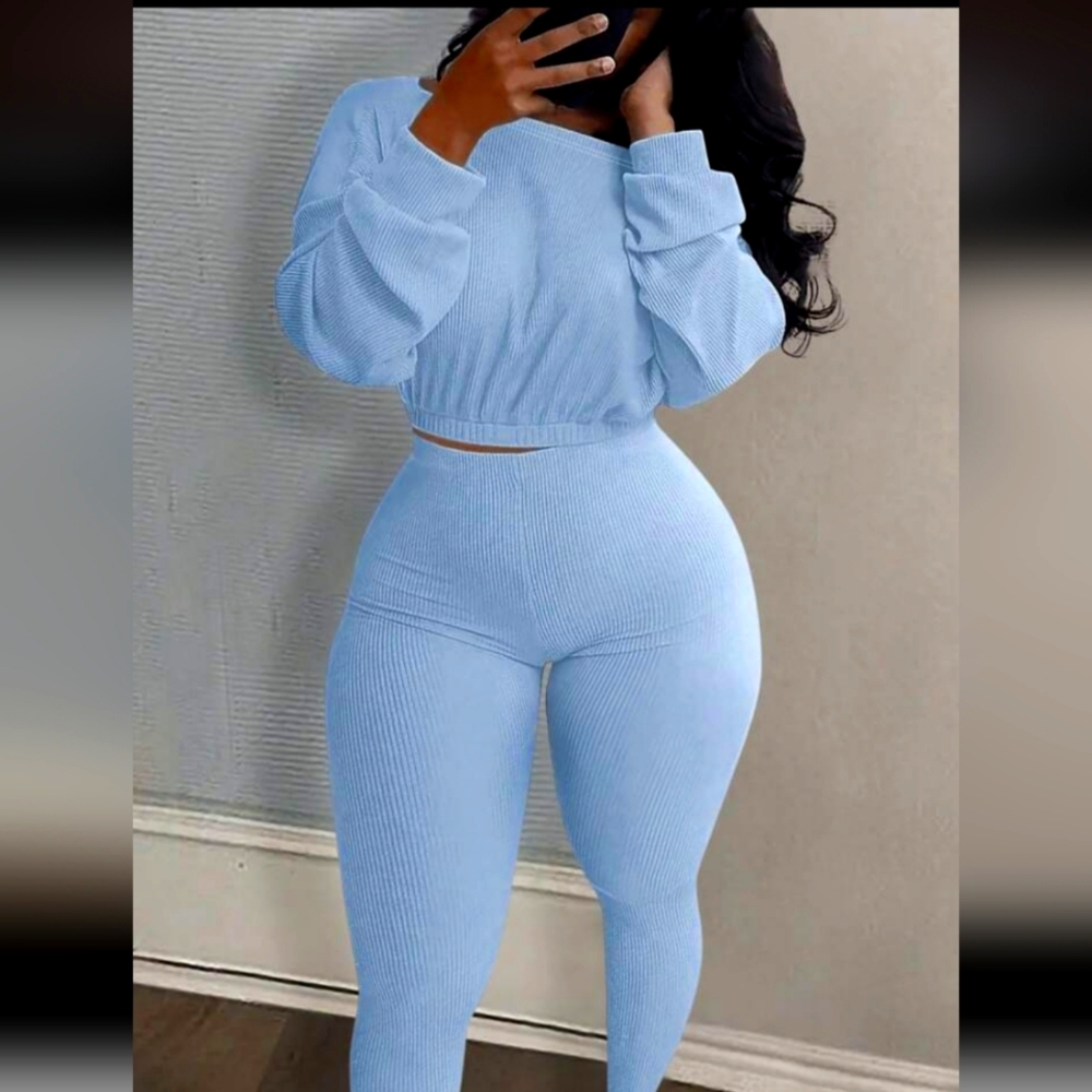 Women's Light Blue Ribbed Set